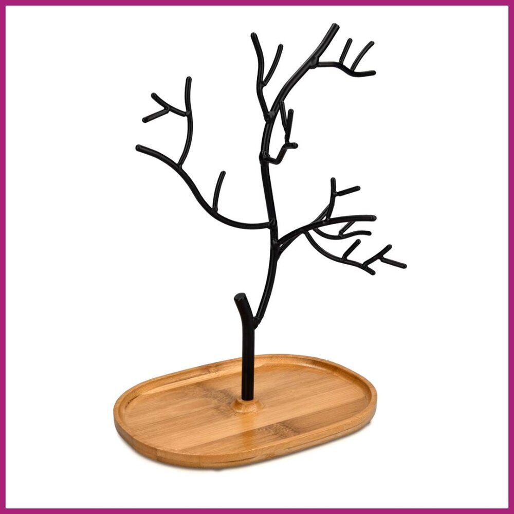 Metal Jewelry Tree Stand Organizer with Bamboo Dish Base
